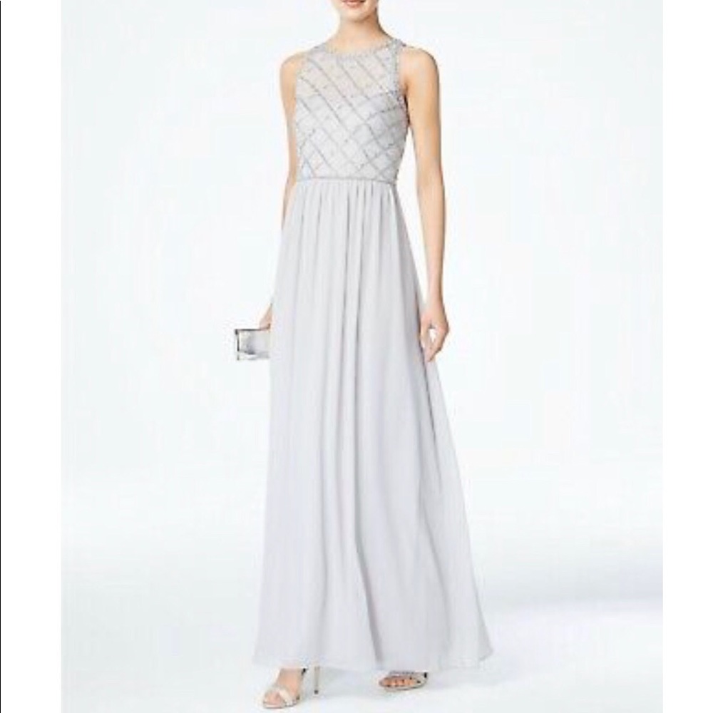 Adrianna Papell Beaded Bodice Silver Chiffon Maxi Dress